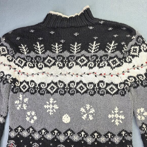 Talbots Sweater Women M Black Fair Isle Snowflake Handknit Linen Blend Mock Neck - Picture 7 of 12